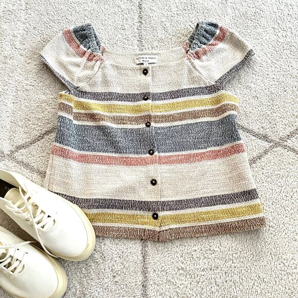 Madewell Texture & Thread Striped Button-Front Cap Sleeve Top Cotton Blend - Picture 1 of 6